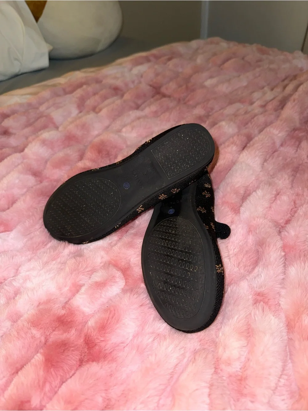 Rothy's Black Knit Mary Jane Flats with Gold Floral Dots and Blue Trim